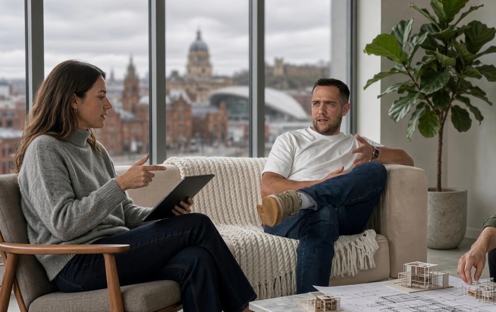 A conversation in an office.